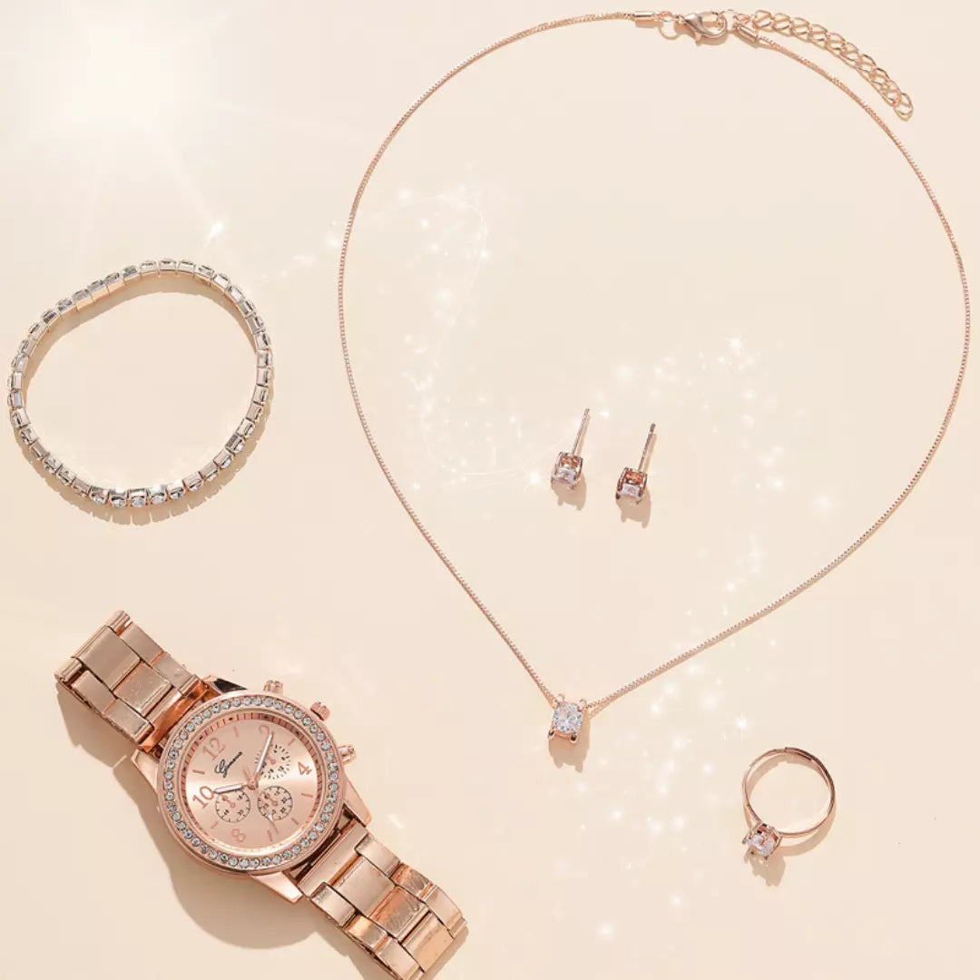 Conjunto 5pcs ALYCIA Luxo - Relógio, colar, pulseira, anel e brincos - Alyciabeauty