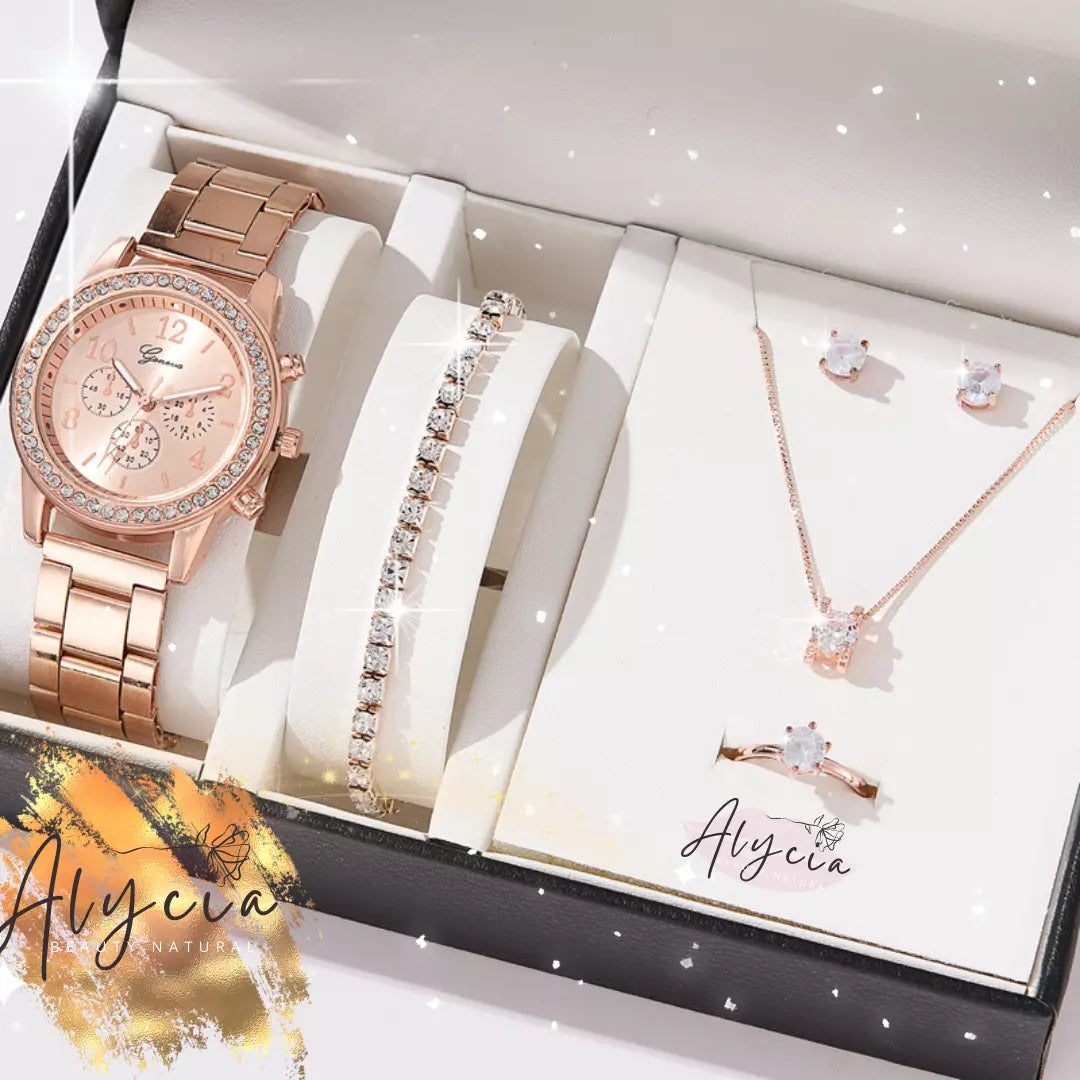 Conjunto 5pcs ALYCIA Luxo - Relógio, colar, pulseira, anel e brincos - Alyciabeauty