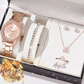 Conjunto 5pcs ALYCIA Luxo - Relógio, colar, pulseira, anel e brincos - Alyciabeauty