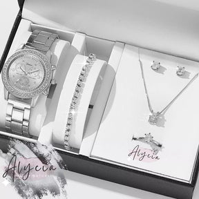 Conjunto 5pcs ALYCIA Luxo - Relógio, colar, pulseira, anel e brincos - Alyciabeauty